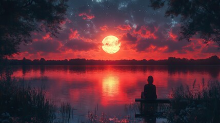 Poster - girl sitting on the bench sunset on the lake scene with moon captivating anime hd wallpaper embrace solitude in the darkness