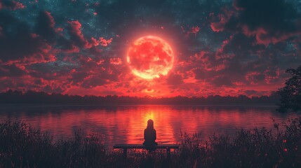 Poster - girl sitting on the bench sunset on the lake scene with moon captivating anime hd wallpaper embrace solitude in the darkness