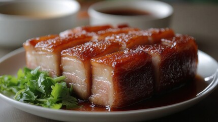 Poster - A close-up of succulent pork belly with crispy skin, sliced into thick pieces and served on a clean white plate, with a side of fresh greens.
