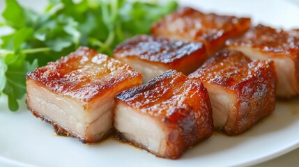 Poster - A close-up of succulent pork belly with crispy skin, sliced into thick pieces and served on a clean white plate, with a side of fresh greens.