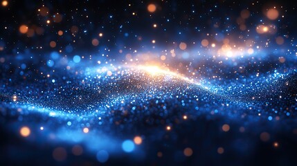 Poster - glittering light blue particles and shining stage lights on abstract bokeh background