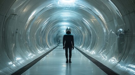 Poster - A man walking through a dark tunnel with shadows cast on the walls and light at the end