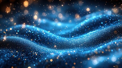 Poster - glittering light blue particles shimmer on stage with radiant shine and soft bokeh effect creating a mesmerizing abstract background for festive events digital displays and elegant visual designs