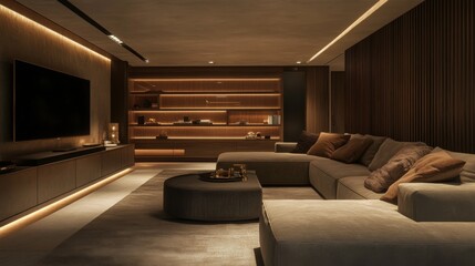 Poster - A contemporary living room with a large sectional sofa facing a modern entertainment unit, decorated with stylish accents and ambient lighting.