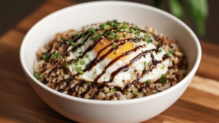 Wall Mural - A delicious bowl of hot fried rice topped with a perfectly fried egg, drizzled with soy sauce, and sprinkled with scallions, creating a mouthwatering presentation.