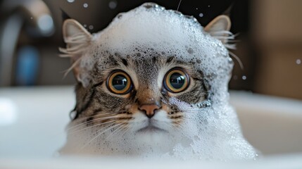 Poster - A dramatic close-up of a cats face covered in bubbles during bath time, with wide eyes and a curious expression, highlighting its playful personality.
