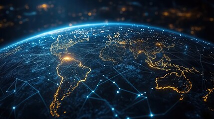 Poster - global digital network spinning earth from space with virtual connections linking cities across the 