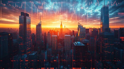 Poster - global economic data analysis with interactive charts above modern skyscrapers representing advanced business technology and financial growth