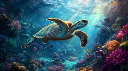 Poster - A dramatic underwater shot of a sea turtle navigating through a colorful coral reef, surrounded by various marine creatures, creating a vibrant underwater landscape.