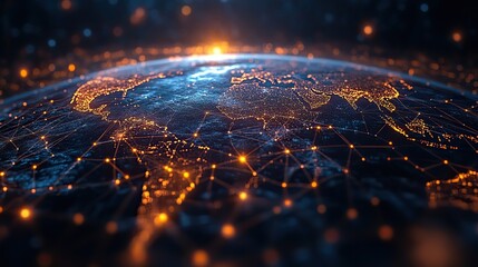 Poster - global network connection with geometric grid linking the world representing society community and a