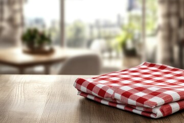 Wall Mural - Red checkered tablecloth on wooden table, bright dining room