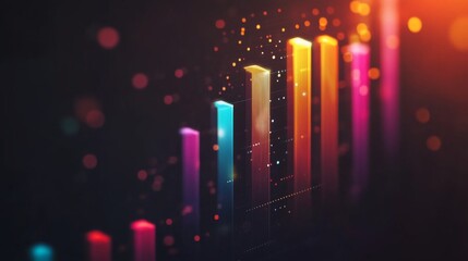 Leinwandbilder - A financial dashboard displaying a D bar graph with colorful rising bars, set against a dark background with subtle lighting effects.