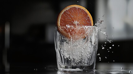 Poster - A freshly cut orange being squeezed over a glass, with droplets of juice and vibrant colors filling the glass in a dynamic, mouthwatering shot.