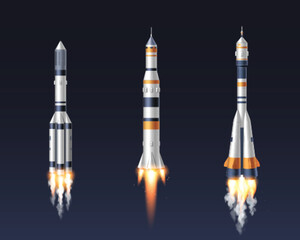 Poster - Realistic space rocket set of launching spaceships with burning engines and smoke trails on dark background. Detailed 3d white and orange vessels with metallic textures for aerospace projects.