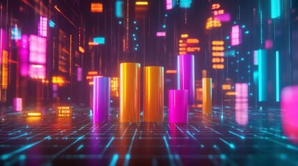 Leinwandbilder - A futuristic financial D bar graph showing rising bars in bright colors, floating against a digital grid background with financial symbols.