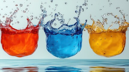 Poster - Three distinct colorful splashes of water creating an eyecatching visual display