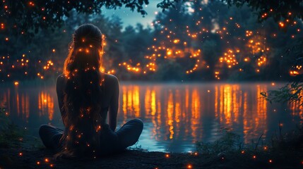 Poster - glowing fantasy fairy with long wavy hair by the lake in neon lit forest nighttime enchantment
