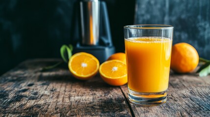 Poster - A glass of freshly squeezed orange juice sitting on a rustic wooden table, with a few whole oranges and a juicer in the background, evoking a refreshing feel.