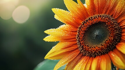 Poster - A macro shot of a bright yellow sunflower with morning dew on its petals, highlighting the contrast between the vivid flower and the cool, refreshing droplets.