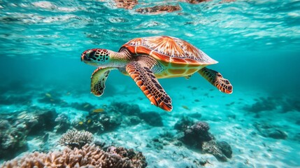Poster - A majestic sea turtle gliding gracefully through crystal-clear turquoise waters, surrounded by colorful coral reefs and schools of fish, showcasing underwater beauty.