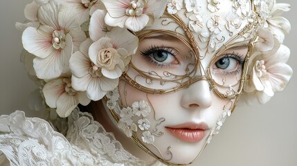 Poster - Woman wearing a beautiful flower crown with a mask over her face in a serene outdoor setting