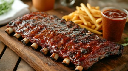 Canvas Print - A mouthwatering display of grilled pork ribs served on a wooden cutting board, with a side of crispy fries and a refreshing beverage, creating a perfect meal setting.