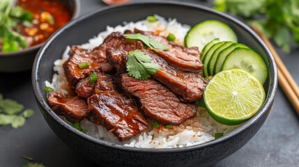 Poster - A mouthwatering image of beef rice in a deep bowl, with the beef marinated in a savory sauce, accompanied by lime wedges and sliced cucumbers on the side.