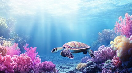Poster - A peaceful image of a sea turtle resting on a rocky seabed, with soft corals and colorful sponges surrounding it, showcasing the beauty of marine habitats.