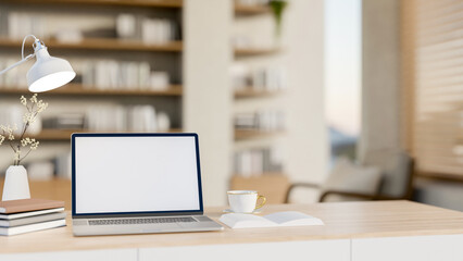 Wall Mural - a laptop on a wooden desk in a minimalist scandinavian room.