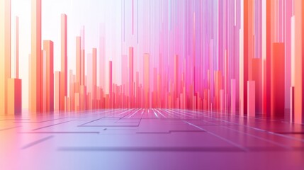 Fototapete - A professional D bar chart in soft gradient tones, with bars rising upwards and data lines overlaid, set in a minimalist digital environment.