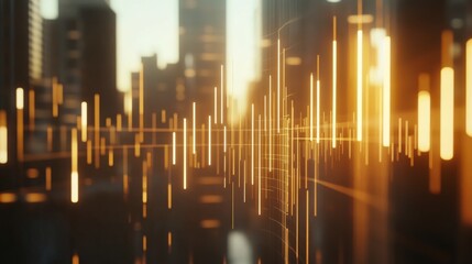 Fototapete - A professional D bar chart in soft gradient tones, with bars rising upwards and data lines overlaid, set in a minimalist digital environment.