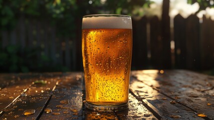 Poster - A refreshing pilsner in a sleek glass, with condensation droplets running down the sides, set against a bright summer picnic table setting.