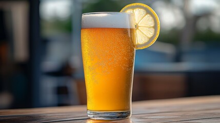 Poster - A refreshing lager in a tall glass with bubbles rising to the surface, accompanied by a slice of lemon on the rim, against a blurred outdoor patio background.
