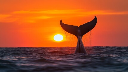 Poster - A serene moment of a whale tail emerging from the water, silhouetted against a sunset, evoking a sense of tranquility and the beauty of marine life.