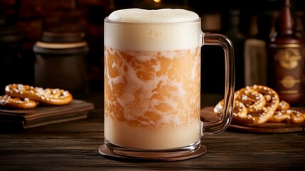 Poster - A traditional beer stein filled with a frothy beverage, placed on a wooden table, with pretzels and beer-related decor in the background.