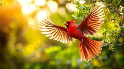 Poster - A vibrant red cardinal in mid-flight, captured with clear detail as it flaps its wings against a backdrop of lush green trees and sunlight.