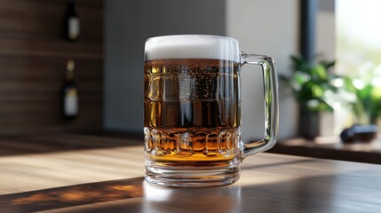 Poster - A vintage-style beer mug filled with amber ale, placed on a wooden bar counter, with light streaming in through a nearby window.