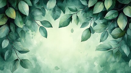 Poster - green watercolor foliage abstract background with hand painted leaves and splashes