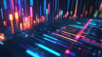 Leinwandbilder - Close-up of a colorful business graph with bars and lines, displaying financial growth and market trends, with soft lighting highlighting the data.
