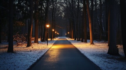 Aufkleber - Streetlights glowing softly along a tree-lined road, casting long shadows and creating a peaceful evening atmosphere with a darkening sky.