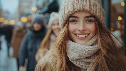 Poster - group of female friends enjoying a day of shopping together in a bustling urban area