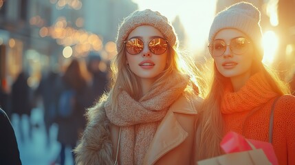 Poster - group of girls enjoying a day of shopping and strolling through the bustling city streets