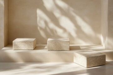 Wall Mural - Beige stone display, sunlight shadows, minimal backdrop, product showcase