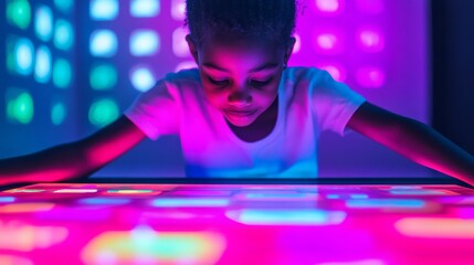 Poster - Young girl interacting with colorful lights on a touch screen at a modern interactive exhibit, showcasing technology's impact on children's learning and creativity.