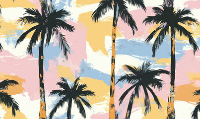 Poster - Colorful Abstract Palm Tree Seamless Pattern: Vintage Style Minimalist Art