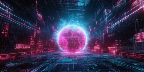 Poster - Futuristic digital world with glowing globe in neon colors and data streams