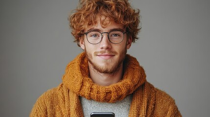 Poster - handsome young ginger man holding a phone isolated on transparent background