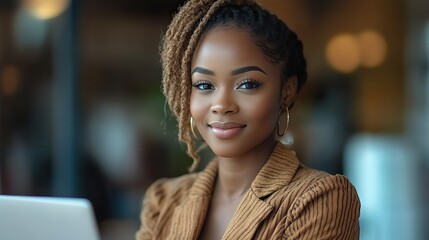 Poster - happy and smiling african american businesswoman working on laptop at modern office desk in professional workspace