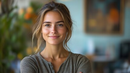 Poster - happy female designer standing confidently in a modern office environment demonstrating creativity and professionalism in a collaborative workspace