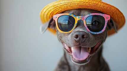 Poster - happy dog in colorful hat and sunglasses celebrating summer on white background